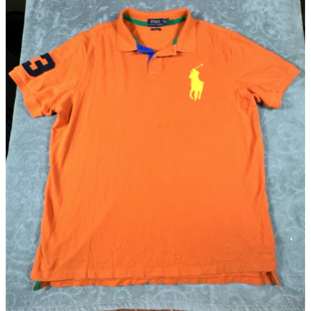 VTG Polo Ralph Lauren Mens XXL Orange Big Pony 3 Sleeve Polo Shirt Short Sleeve